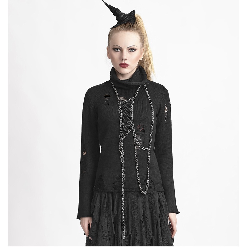 M-030 Punk Black Hollow out Broken Holes High Collar Sweater – Winter Sweater and Ladies Sweater price|S