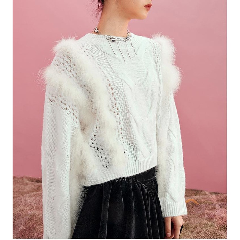OEM Designer Women Solid Color Sweet Girls Feather Decoration Knit Sweater – Ladies Sweater and Feather Sweater price|S