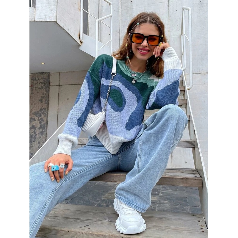 OEM/ODM Pullovers for Women Color Block Green Blue Jewel Neck Long Sleeves Sweater Long Sleeve Knit Pullover Crew Patchwork Casual Loose Jumper Tops Hoodies – Custom Knit Sweater and Knit Wear price|S