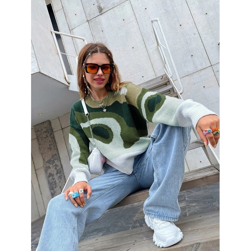 OEM/ODM Pullovers for Women Green Color Purple Jewel Neck Long Sleeves Sweaters Long Sleeve Knit Pullover Crew Patchwork Casual Loose Jumper Tops Hoodies – Custom Knit Sweater and Knit Wear price|S