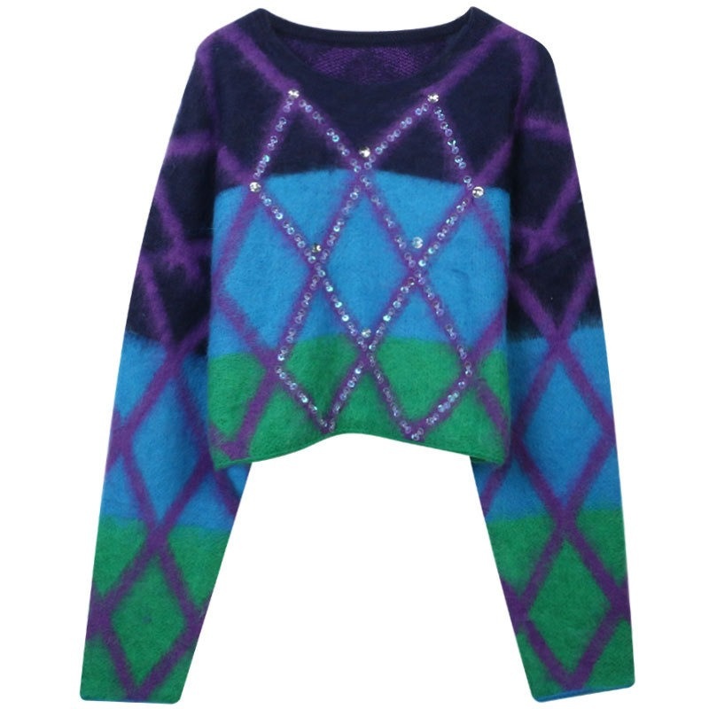 Sequins and Beads Decoration Women Mohair Knitwear Pullover Argyle Pattern Knitted Pullover Jumper Sweater – Mohair Sweater and Ladies Sweater price|S