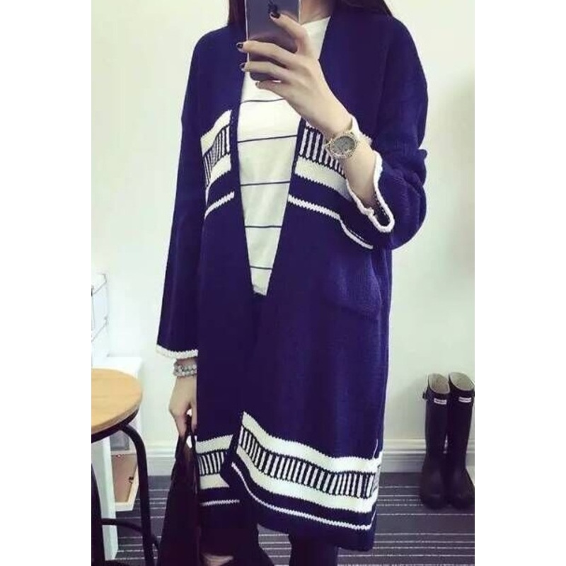 Striped Jacquard Knit Cardigan Loose, Casual Sweater Coat Long Section of Female (BTQ120) – Knitted Sweater and Women Sweater price|S