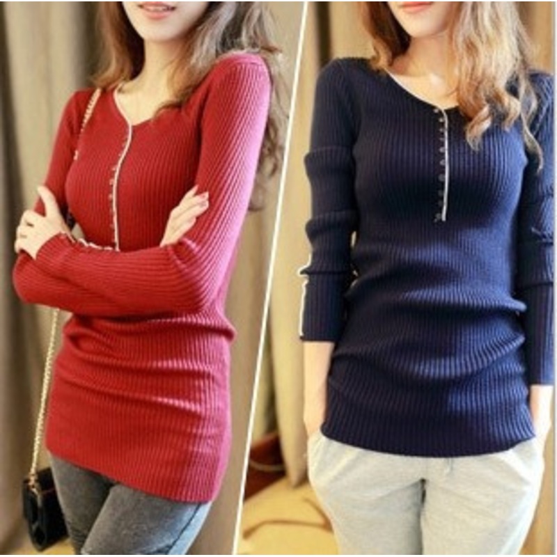 V Collar Long Sleeved Button Bottoming Shirt (BTQ004) – Knitted Sweater and Women Sweater price|S