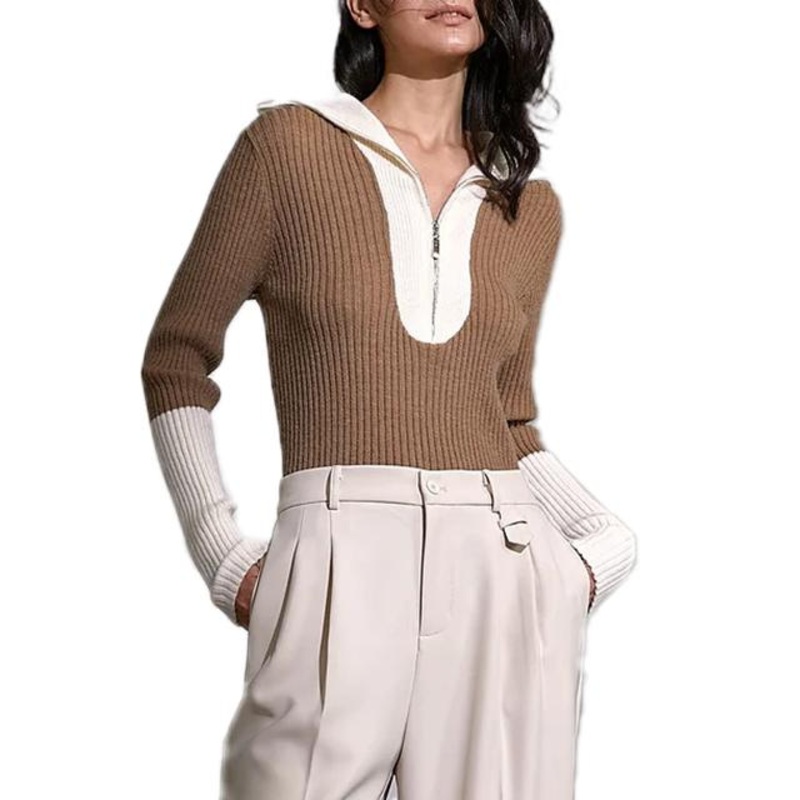 Zipper Knit Sueter PARA Mujer Lapel Collar Patchwork Color Women Sweaters – Ladies Sweater and Striped Sweater price|S, S/M/L/Customized Size