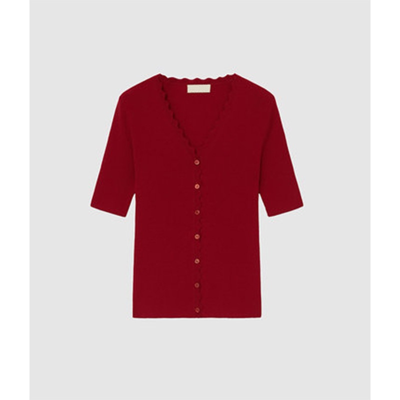 2022 Spring New Two-Color V-Neck Wavy Edge Sweater All Wool Slim Short-Sleeved Jacket Female – Short Sleeve Sweaters and Wavy Edge Sweater price|S