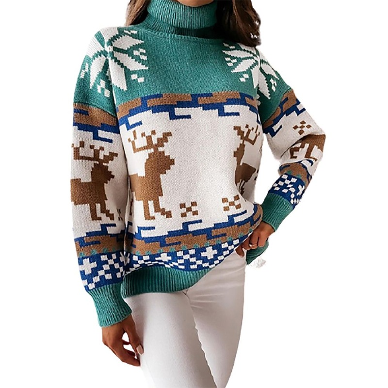 Christmas Apparel Lady High Collar Christmas Elk Print Cotton Pullover Sweater – Ladies Pullover Sweater and Sweater price|S, S, M, L, XL, XXL