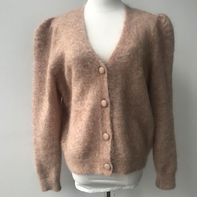 Ladies Fashion Puff Sleeve Mohair Sweater V-Neck Sweater Knitwear Wholesale Designer Women Clothing – Sweater and Cardigan price|S, Customized