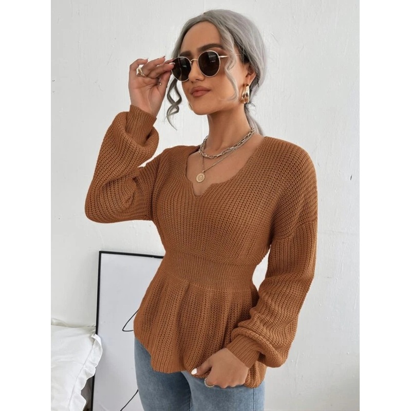 Lantern Sleeve Slim Waist Women Knitwear Tops Sweaters Notched Neck Bishop Sleeve Ribbed Knit Sweater – Woman Sweaters and Notched Neck Sweater price|S