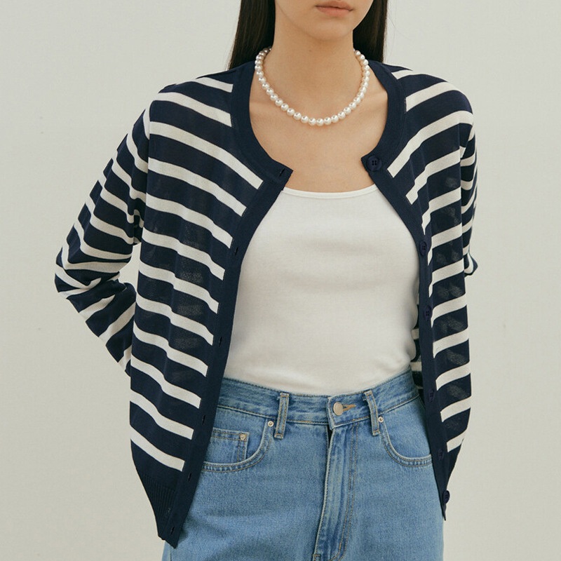 OEM Customized Womens Striped New Round Neck Inter-Strip Wool Blended Sweater Cardigan Long-Sleeved Casual Short Knitting Sweaters/Sweater/Jacket/Coat/Top – Sweater and Womens Sweater price|S