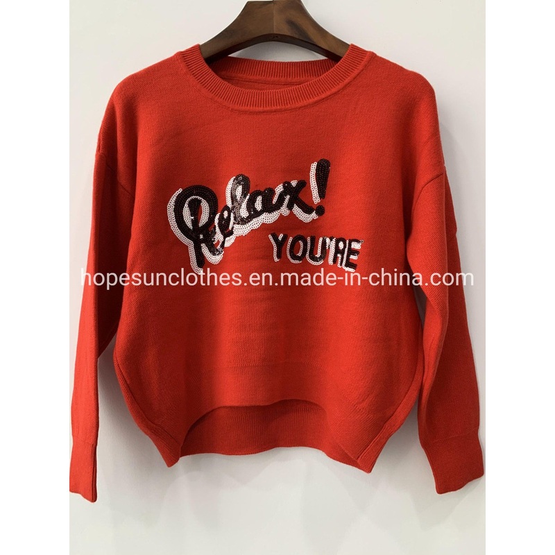 OEM Manufacturer Women Letter Sequins Red Color Short Length Pullover Knitwear Sweater – Sweatshirt and Sudaderas price|S
