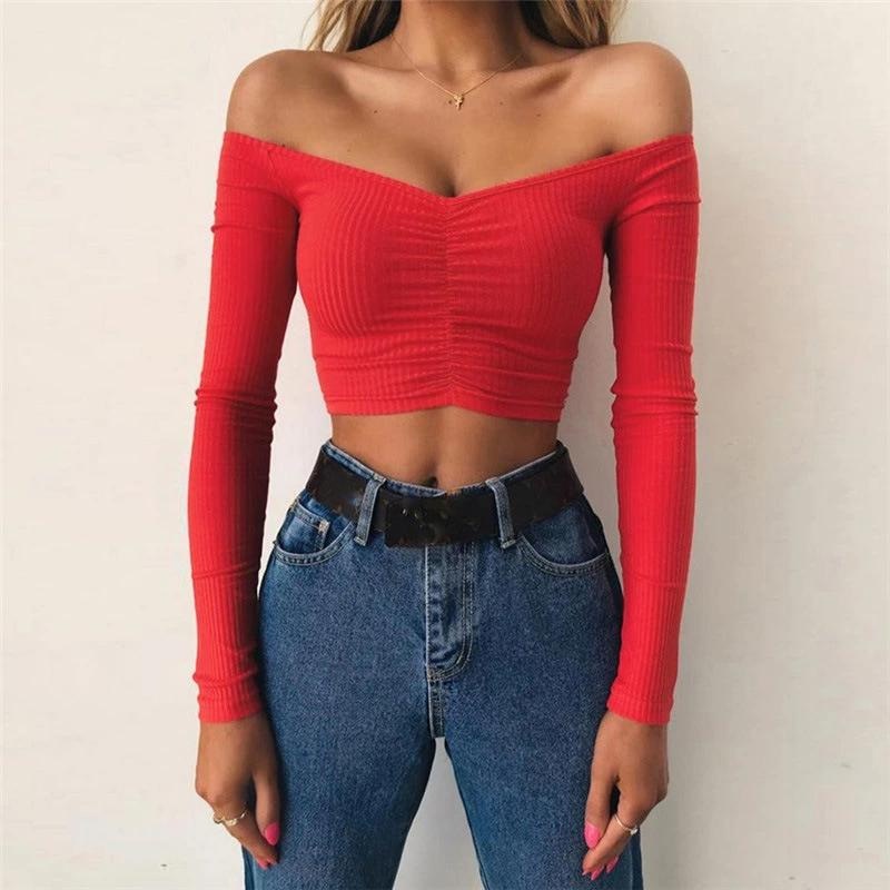 Woman Tops Fashionable Slim Tshirt off The Shoulder Long Sleeve Top – Women and Leisure price|S
