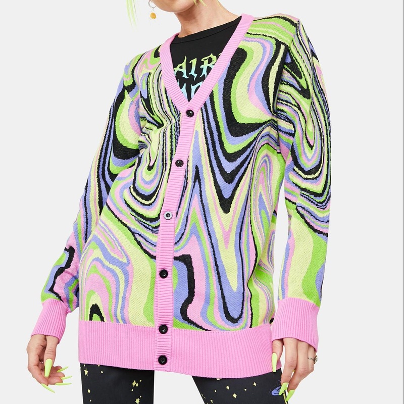 Y2K Spring New Fashion Custom Abstract Jacquard Wave Knitted Cardigan Sweater Women – Cardigan and Y2K Sweater price|S