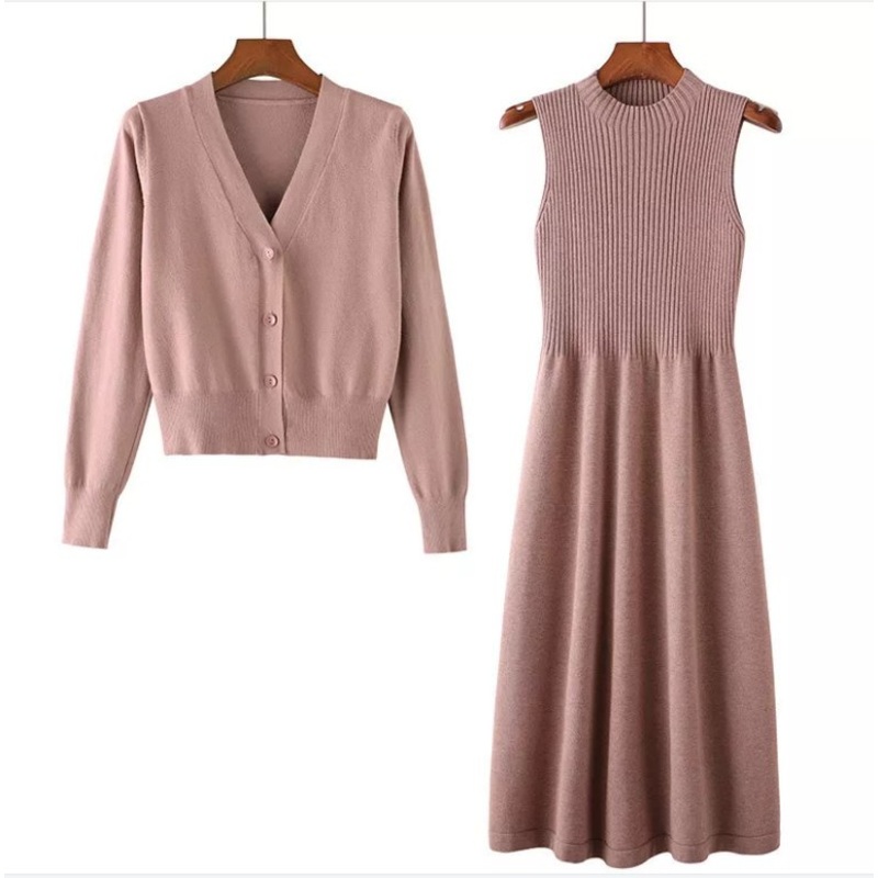 Autumn and Winter New Knitted Long Sleeve Sweater Coat Dress Two Piece Casual Solid Color Women S Suit Loose Knitted Dress – Sweater Dress Set and Dress price|S