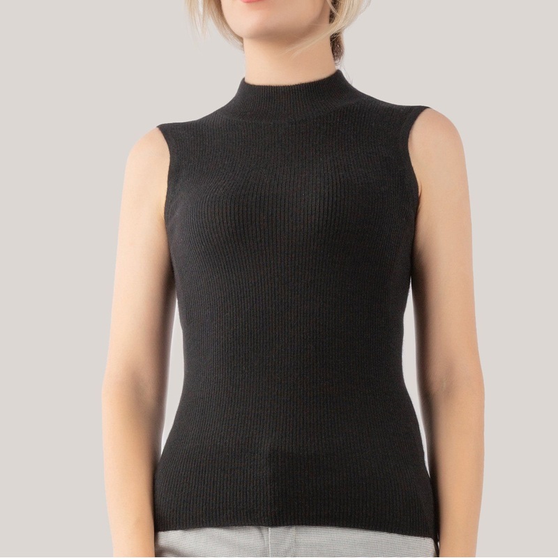 Black Cashmere Mock Neck Ribbed Tank Top – Cashmere Vest and Women Vest price|M