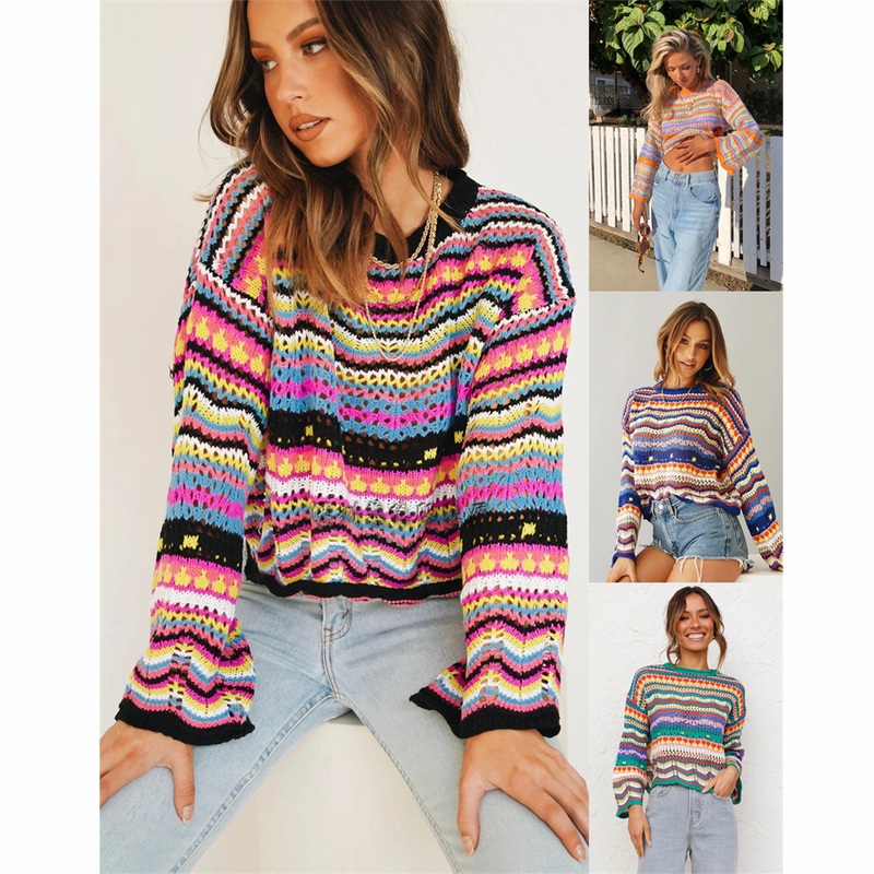 Custom Fashion Fall Winter Girl Knitted Pullover Stripe Round Sweater – Hoodies and Sweater price|S