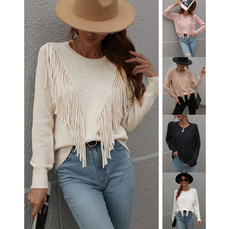 Fall Winter Women Clothes Apparel Female Loose Solid Color Knitwear Girl Fashion Fringe Tassel Sweater – Woman Sweaters and Tassel Sweater price|S