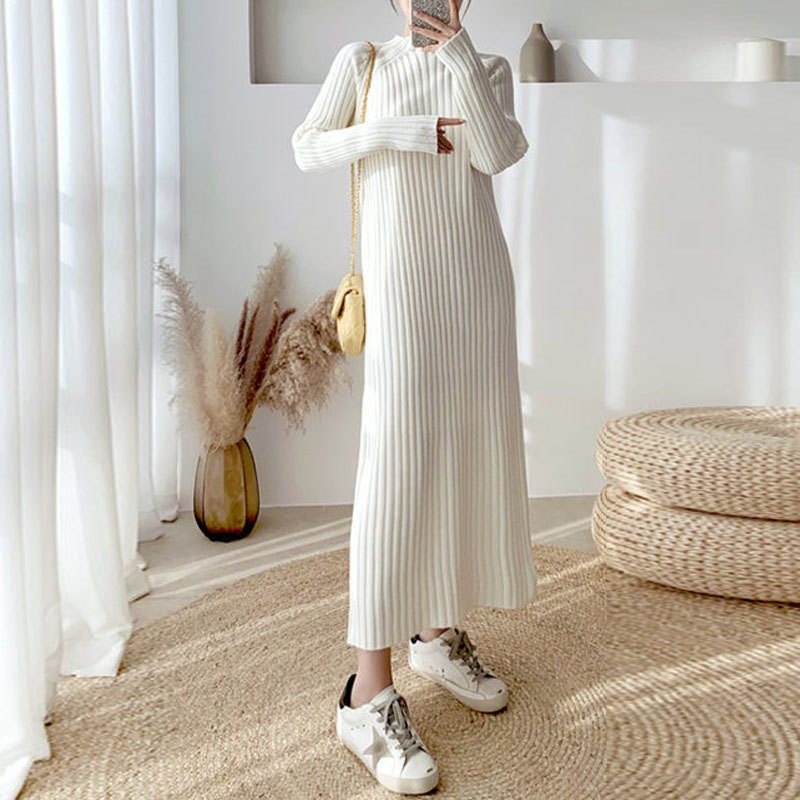 Ladys Winter Korean Fashion Women Clothing Basic Slim Loose Kint Long Sweaters Plain Maxi Sweater Dresses for Womens – Knitwear and Designed Dress price|S