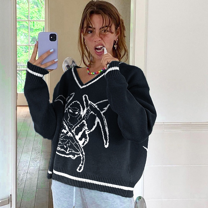 New Printed V Neck Loose Casual Blouse Sweater Women Fashion Knit Sweater – Women Clothes and Clothing price|S