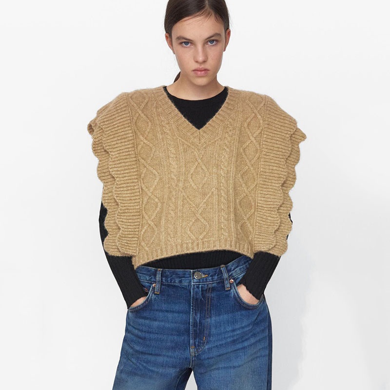 Ruffle Trims Armhole Cable Custom Plaid V Neck Argyle Sweater Vest Women Crop Knitted Oversize Vest Sweater – Women Clothes and Clothing price|S