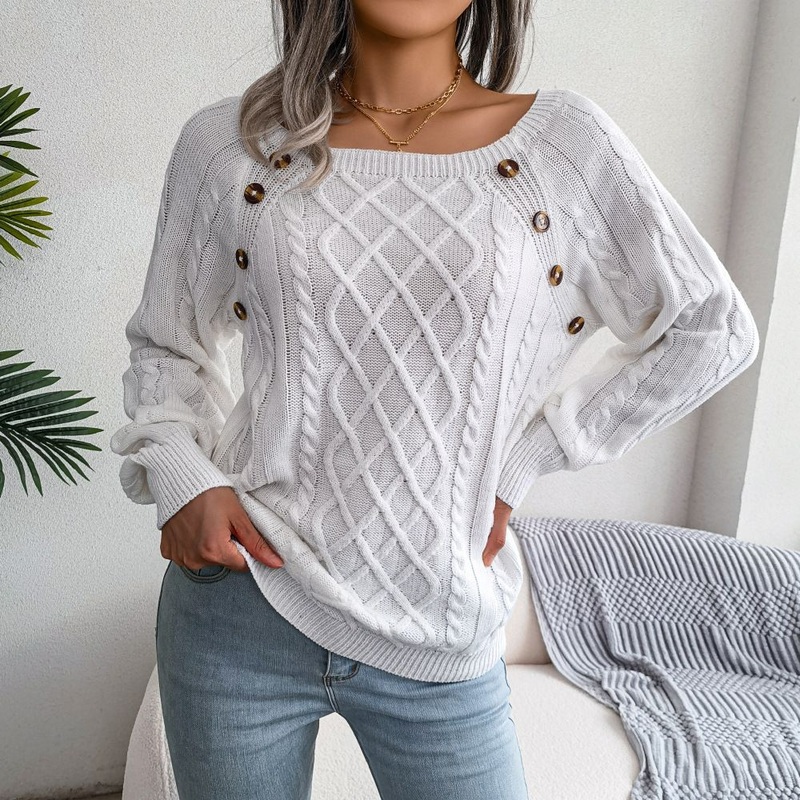 Women S Casual Square Neck Studded Button Twist Long Sleeve Knit Sweater – Womens Knitted Jumper and Long Sleeve Jumper for Women price|S, S, M, L