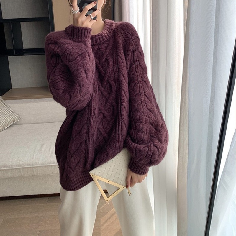 Womens Winter Solid Crew Neck Balloon Long Sleeve Sweaters Slouchy Style Pullover Outerwear – Winter Outwear and Slouchy Sweater price|S