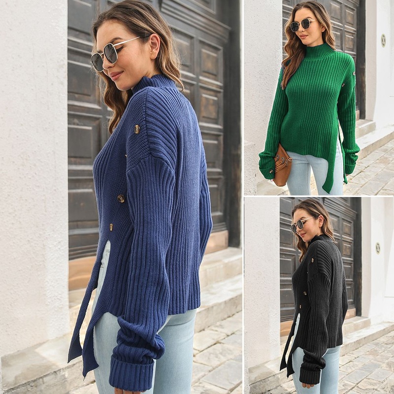 Autumn Winter Long Sleeve Knit High Neck Sweater Pullover Sweater Women S Sweaters with Buttons – High Neck Sweater and Pullover Sweater price|S