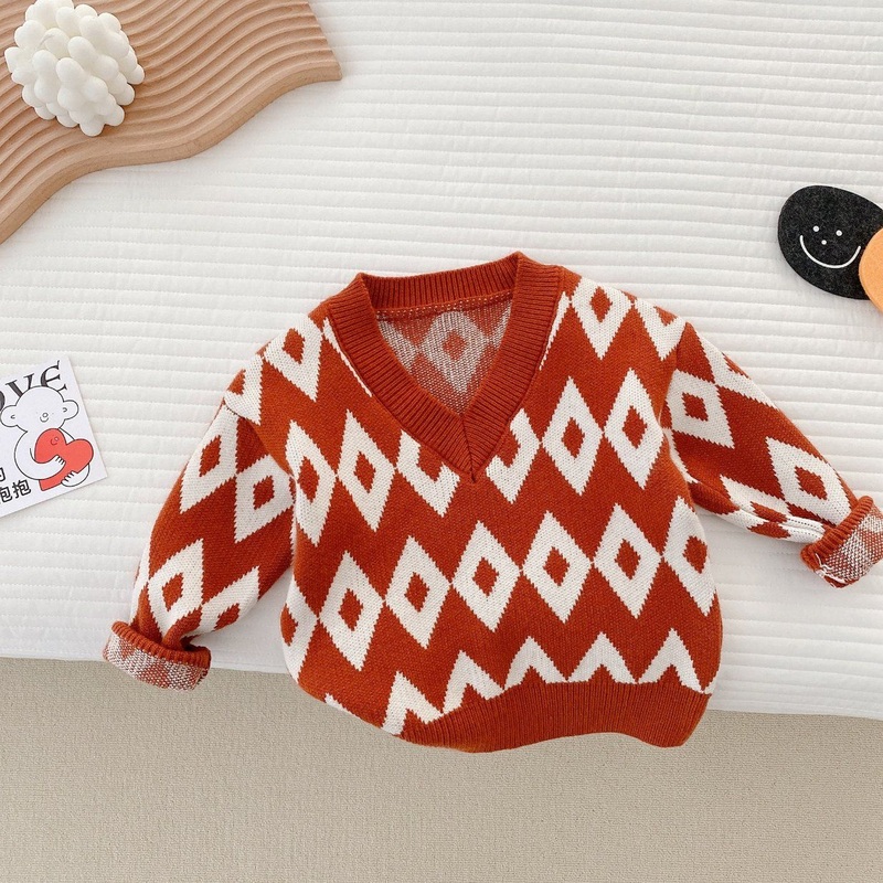 Baby Girl and Boy 1-6 Year Old V-Neck Jacquard Rhombus Pattern Long Sleeve Pullover Wearing in Spring Sweater – Jacqaurd Sweater and Baby Sweater price|S