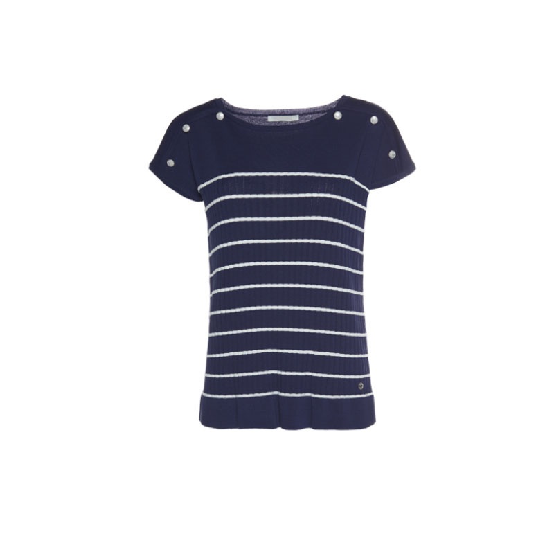Fashion Designer Wool Women Sweater Short Sleeve Striped Knitted Pullover with Button – Sweater and Pullover price|S