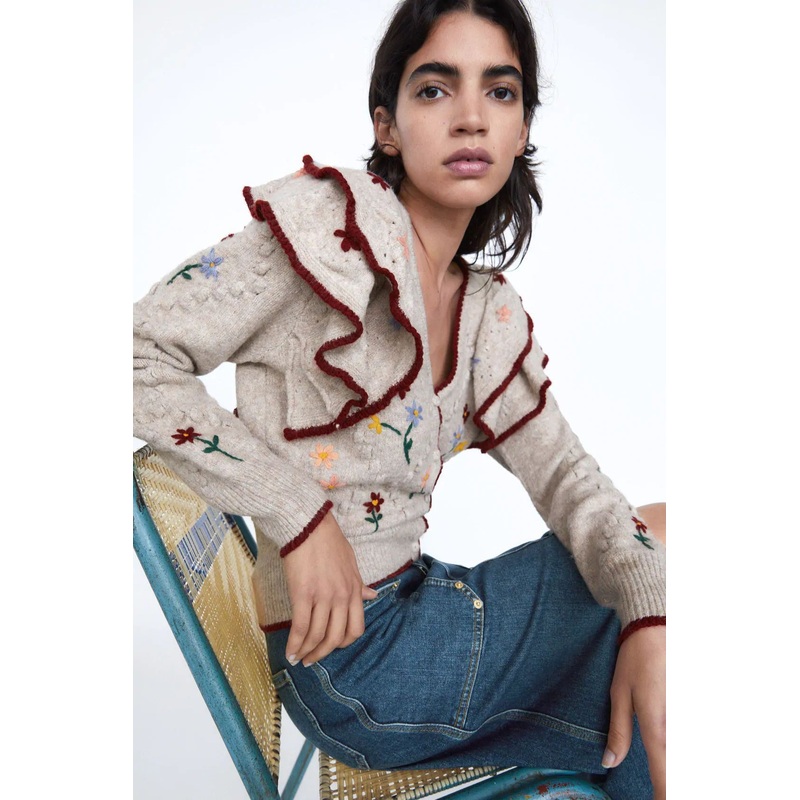 Fashion Knitted Sweater Tops V Neck Floral Embroidery Ruffled Women Knitted Print Sweater – Women Clothes and Clothing price|S