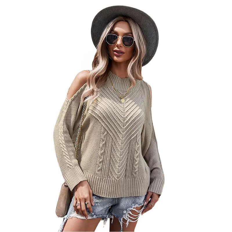 in Stock Women Fashion Loose Casual Knitted Side Split Cold Shoulder Sweater – Women Sweater and Knit Sweater price|S, S, M, L, XL
