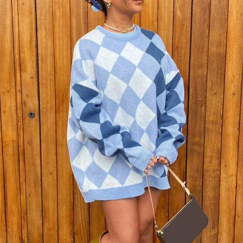 Loose Casual Prismatic Lattice Women S Sweater College Style Long Sleeve Plaid Plus Size Pullover Sweaters – Plaid Sweater and Woman Sweaters price|S