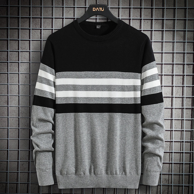 Mens Crewneck Long Sleeve Cotton Pullover Soft Color Block Stripes Sweater – Cotton Pullover and Stripe Sweater price|S
