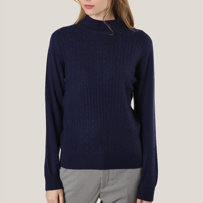 Navy Cashmere High Collar Sweater with Front Cable – Cashmere Sweater and Women Sweater price|S