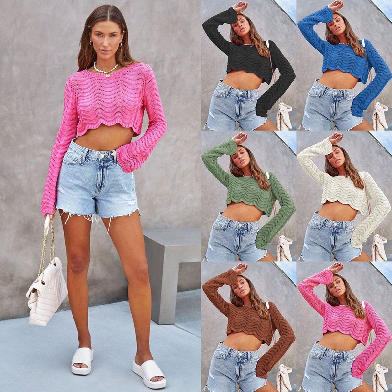 Spring Autumn Amazon Fashion Solid Color Clothing Hollow out Wavy Short Pullover Crop Woman Sweater – Crop Sweaters and Hollow out Sweater price|S