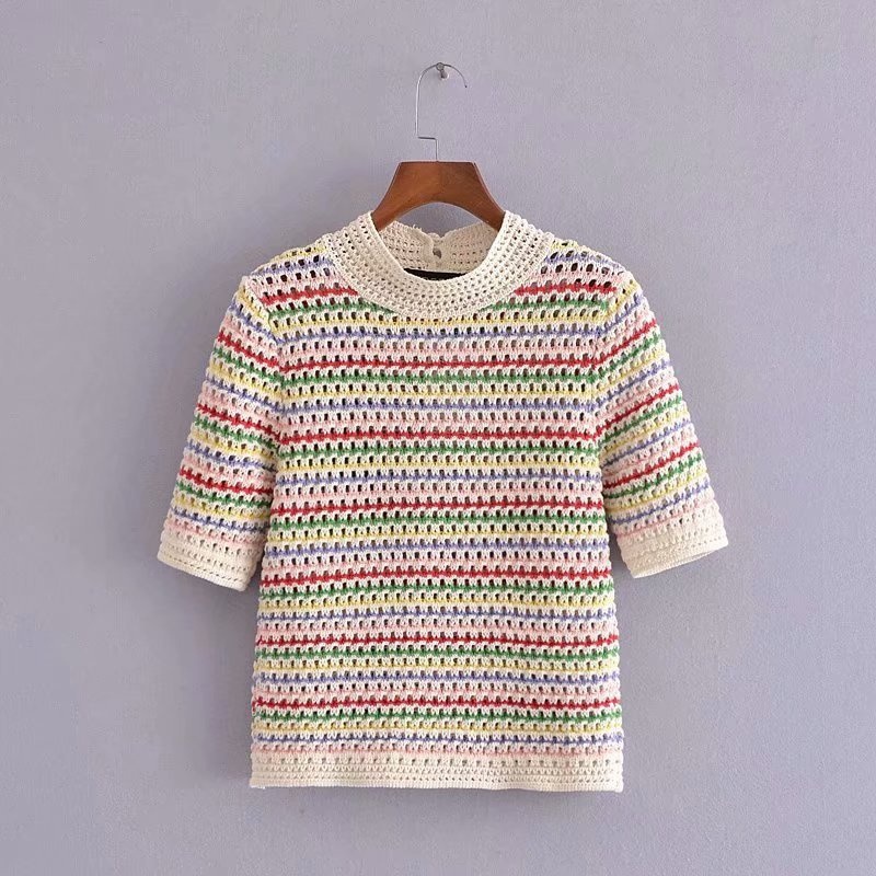Summer Womens Round Neck Rainbow Stripe Short Sleeve Hollow Knit Pullover Loose Sweater Top – Short Sleeve Sweaters and Womens Summer Sweaters price|S