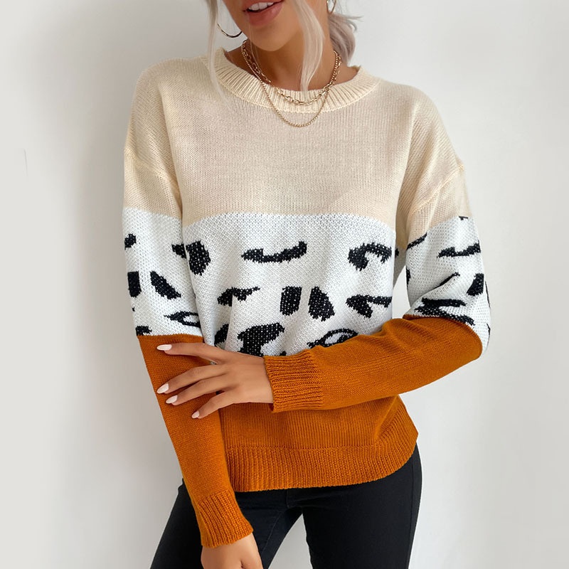 Women Leopard Print Clashing Long Sleeve Knitted Jumper Pullover Crew Neck Sweater – Knitted Top Women and Jumper Women price|S, S, M, L
