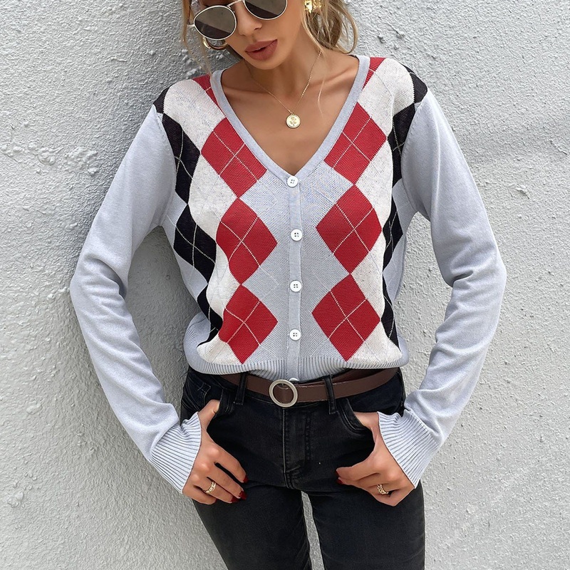 Women S Diamond Plaid V Neck Knitted Jumper Retro Slim Cardigan Long Sleeve Sweater – Sweater Women and Long Sleeve Sweater price|S, S, M, L