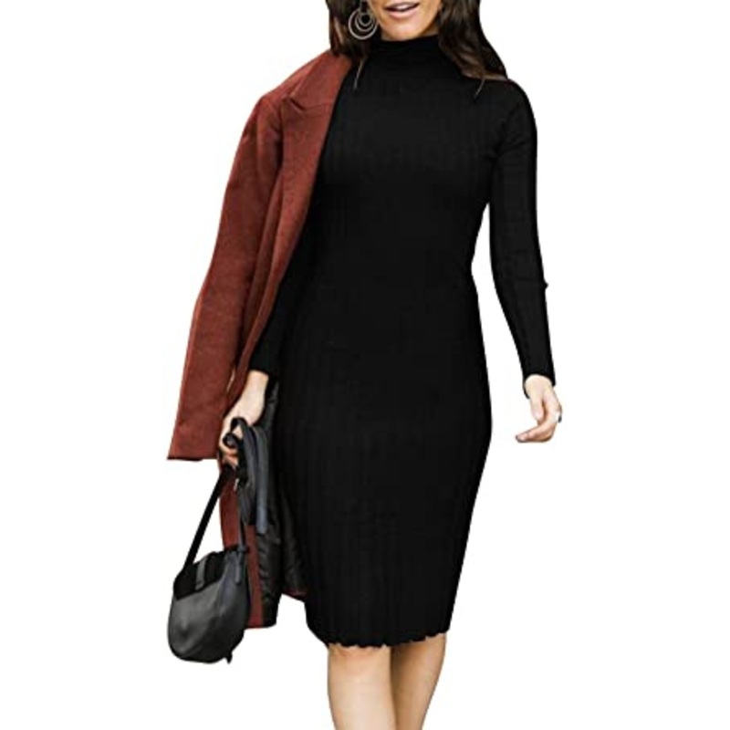 Womens Ribbed Long Sleeve Sweater Dress High Neck Slim Fit Knitted Mini Dress – Rebbed Dress and Long Sleev Dress price|S