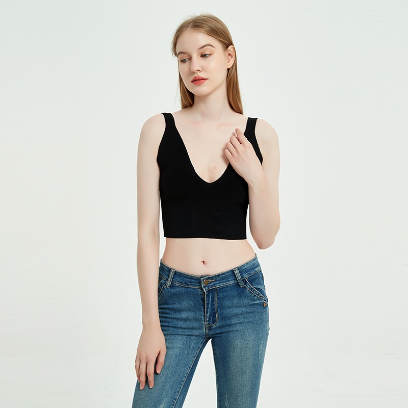 Womens V Neck Crop Top Ribbed Knit Strap Sleeveless Vest Ice Silk with Base Female Outside Wearing Crop Short Sleeveless Jacket Knit Halter Vest – Sleeveless Vest and Summer Sweater price|S