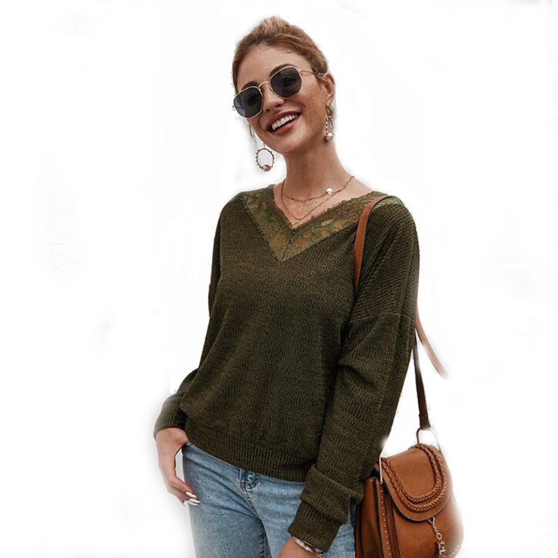 Autumn Sexy V Neck Hollow out Knitwear Lace Stitching Knitted Tops Women Pullover Sweater – Autumn Winter Sweater and Fashion Sweater price|S, S, M, L, XL