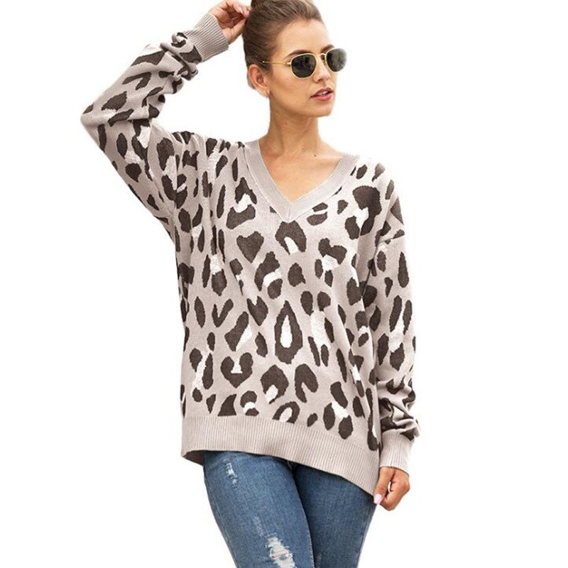 Autumn Women Leopard Pattern V Neck Pullovers Winter Loose Sweaters – Autumn Winter Sweater Top and Fashion Sweater price|S, S, M, L, XL