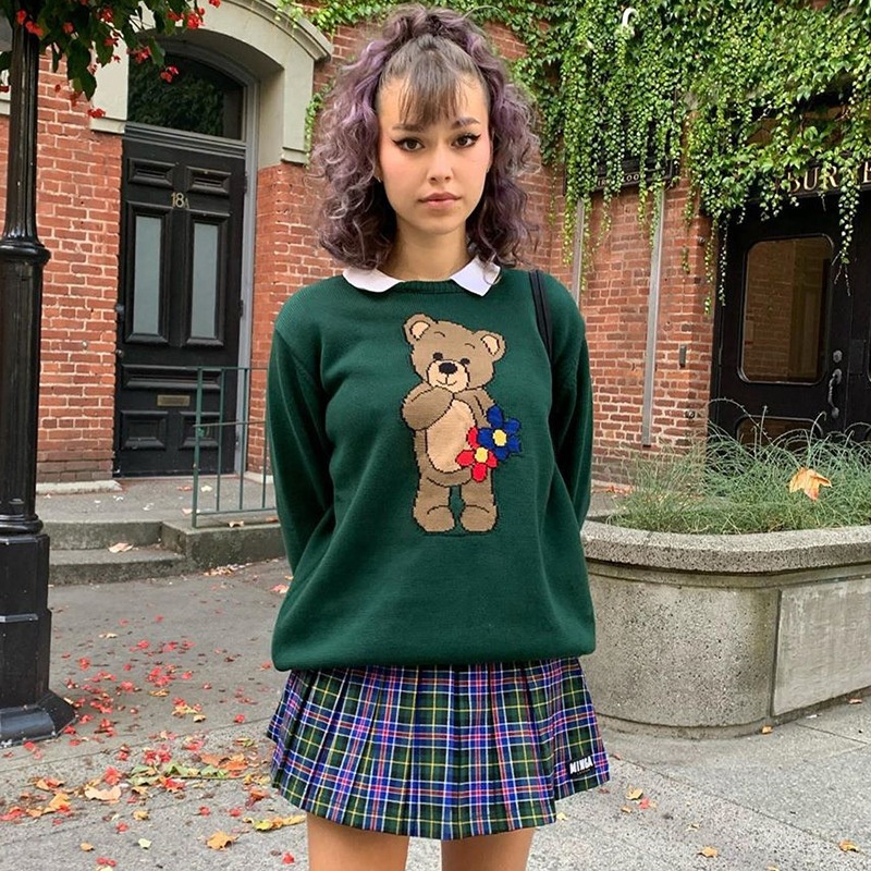 Cartoon Bear Cute Solid Color Cozy Female Sweater Tops Round Neck Casual Fashion Women Sweater – Women Clothes and Clothing price|S