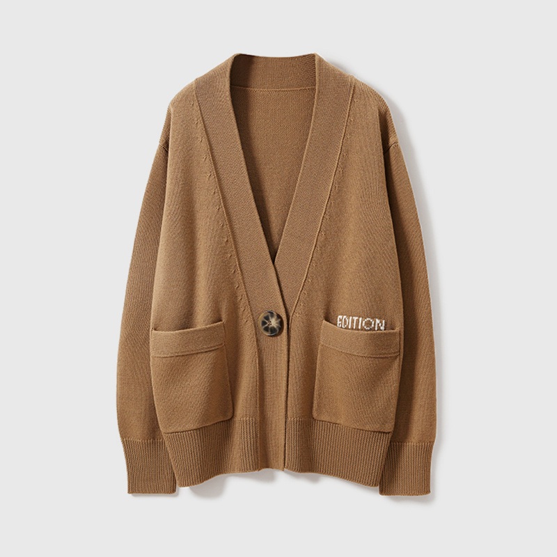 High Quality Custom Wool Cashmere Letter Intarsia Pocket Women Knit Cardigan – Cardigan and Wool Sweater price|L