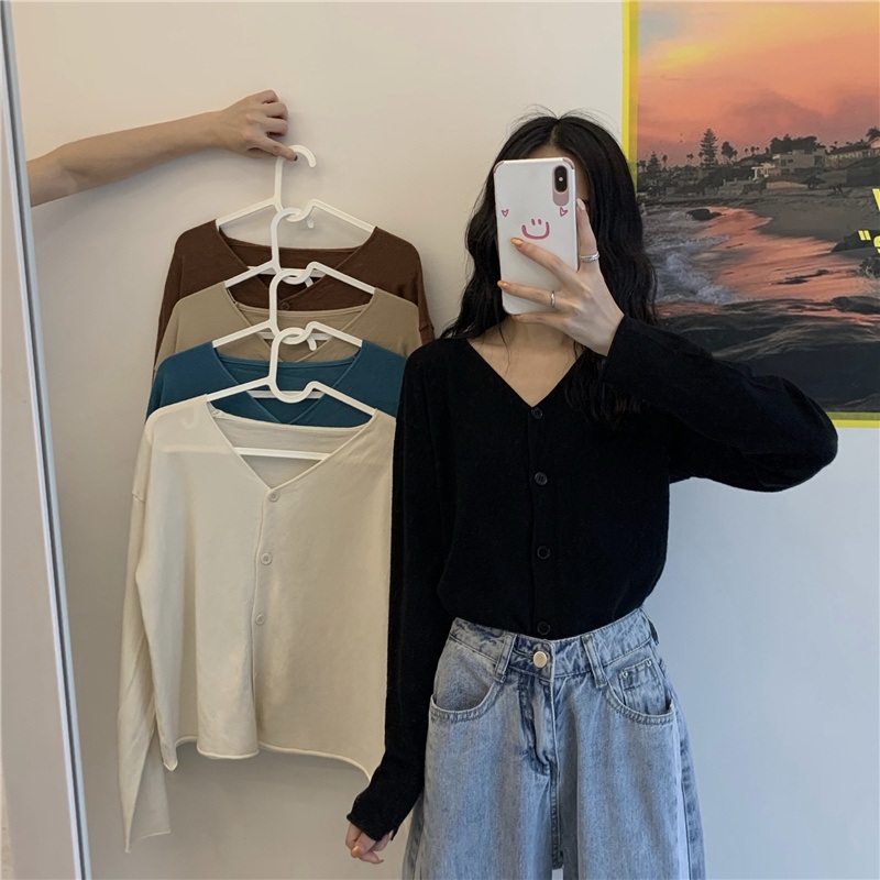 High Waist Short Top T Shirt Long Sleeve V-Neck Sweater – Womens Clothing and Women Sweater price|S