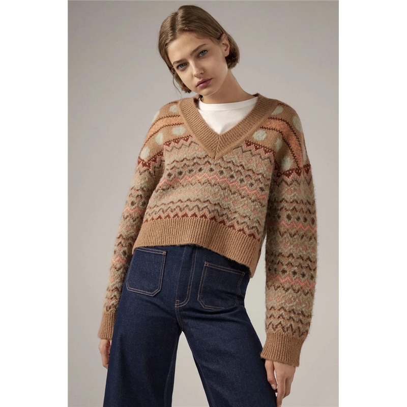 Ribbed Trims Jacquard Pullovers Fashion Sweaters for Women Trendy Warm Winter Plus Size Crop Top Sweater – Women Clothes and Clothing price|S