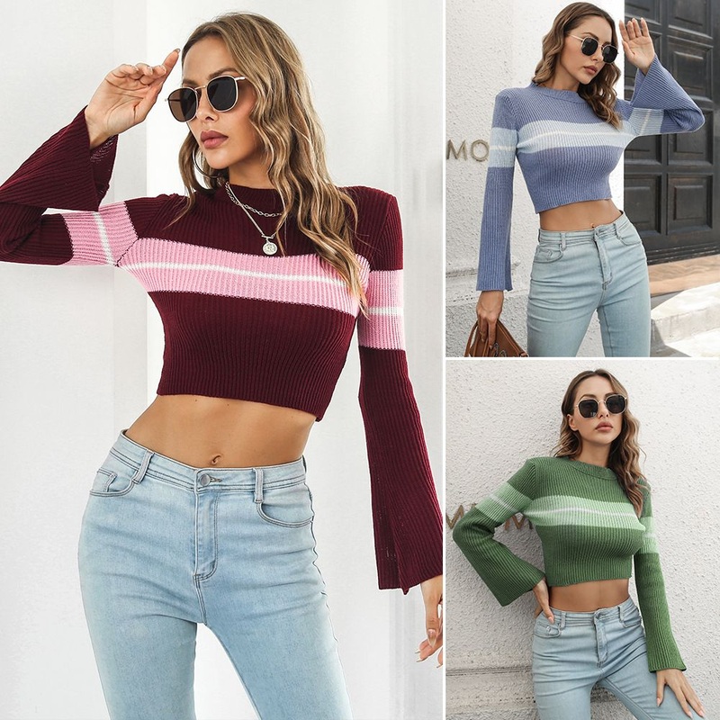 Stripe Contrasting Colors Custom Knit Sweater Crew Neck Sweater Crop Top Sweaters for Women – Custom Knit Sweater and Crew Neck Sweater price|S