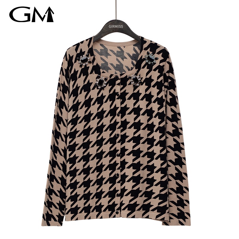 Thousand Bird Check Printed Knitted Cardigan Coat – Crew Neck Cardigan Coat and Slim Coat price