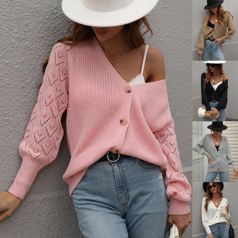 Winter Single Breasted Solid Color Ladies Clothing Pineapple Sleeve Custom Knit Female Street Loose Cardigan Sweater – Woman Sweaters and Knit Cardigan price|S