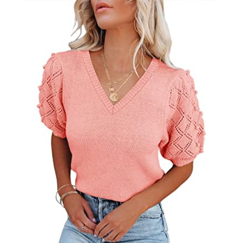 Womens Summer Puff Short Sleeve Sweaters Crew Neck Pullover Tops Lightweight Knit Casual Blouse Shirts – Short Sleeve Sweaters and Summer Sweater price|S