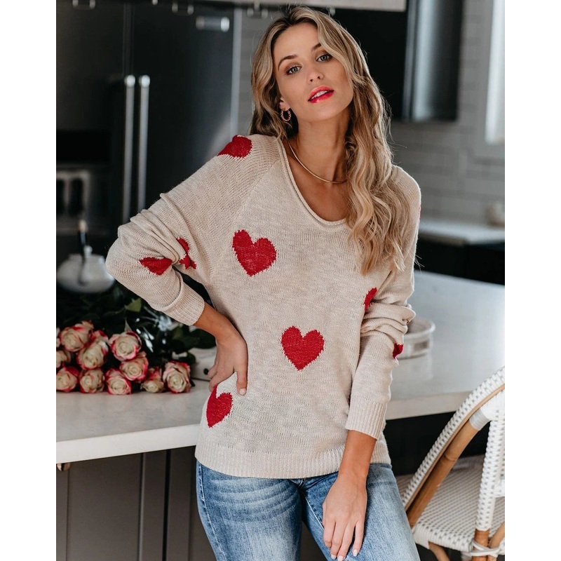 Autumn and Winter New Stlye Loose Love Valentines Day V-Neck Knitwear Womens Pullover Sweater – Sweater and Womens Sweater price|S